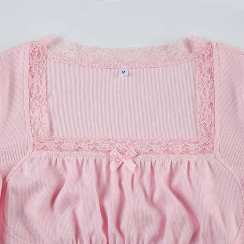 Japanese Kawaii Pink Sweet Bow Long Sleeve Tee Front Ruched Bust Lace Trim Square Collar Slim Balletcore Women T Shirt