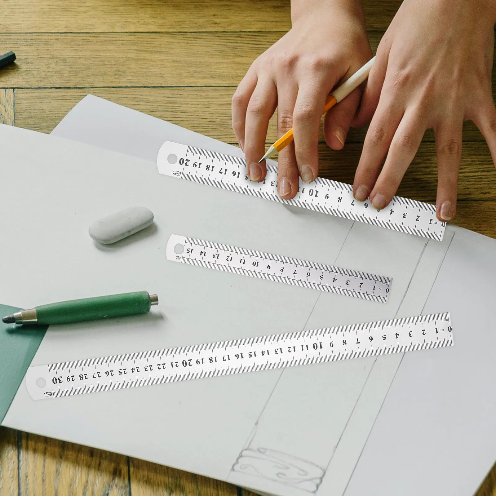 3Pcs 헤비 듀티 스테인레스 스틸 직선 눈금자 양면 스케일 눈금자 기계공을 위한 걸이 구멍이 있는 경량 휴대용 눈금자