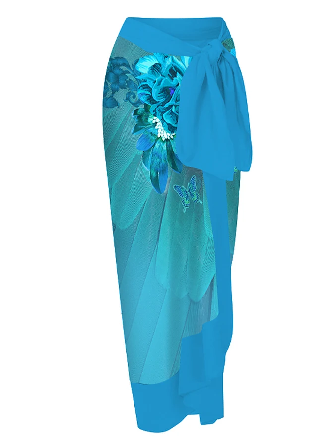 Blue Bright Print Fashion V-neck Lace Pleats Seaside Resort Symmetrical Two-piece Bikini And Cover Up 2023 Summer Women Newest