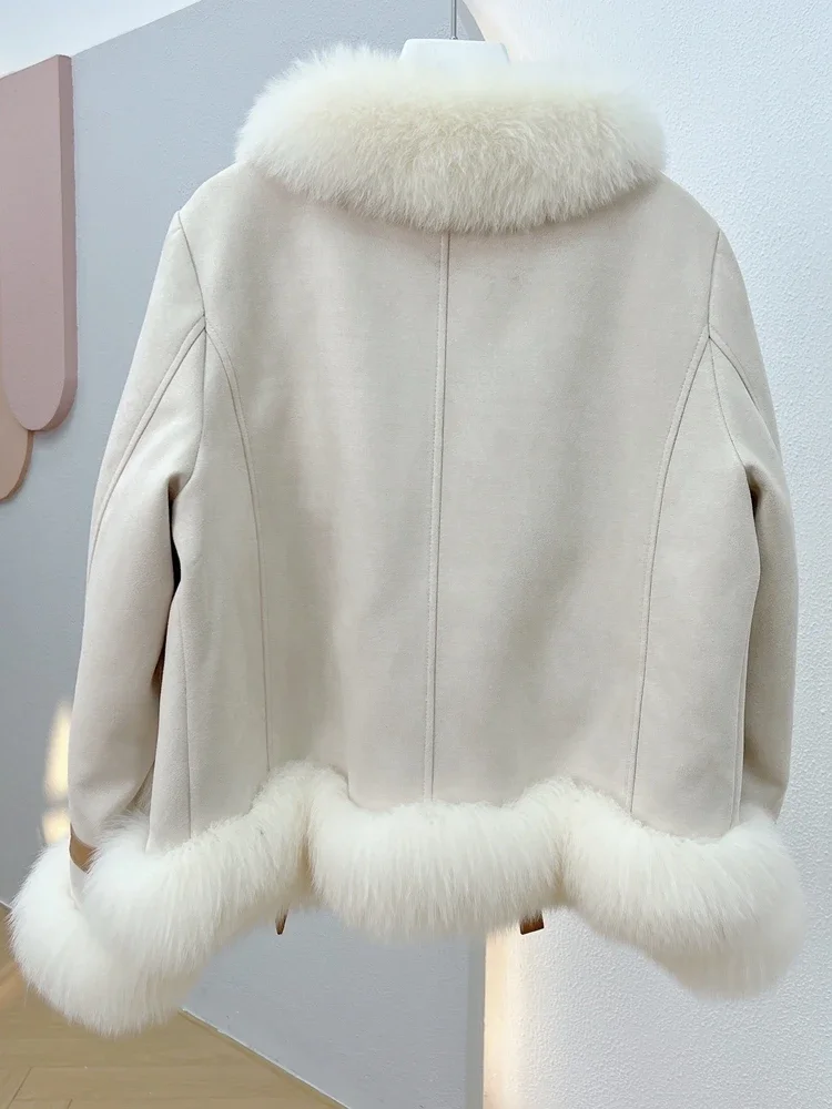 Winter Round Neck Suede Spliced Fox Fur Coat Women's Down Outerwear Fluffy Fur Collar Thick Warm Casual Long Sleeve Jacket 2023