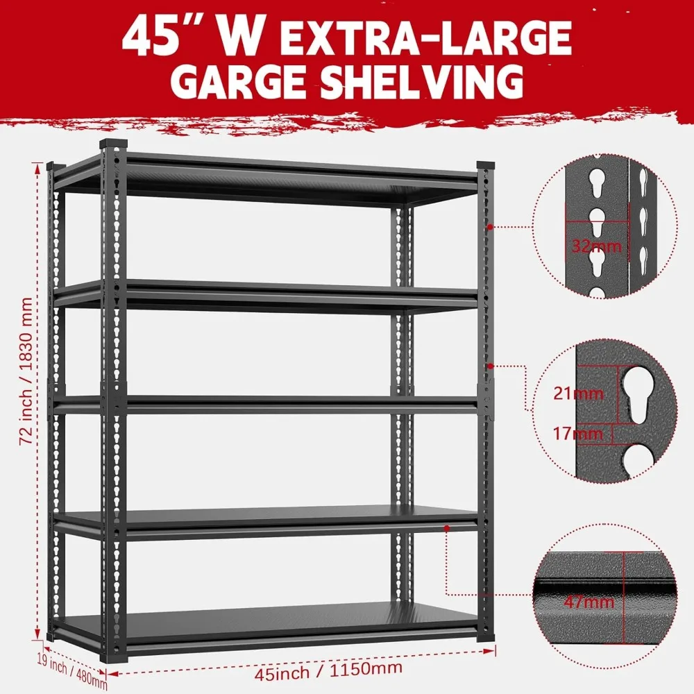 45.2" Wide Garage Shelving Heavy Duty Storage Rack 3000lbs Load Capacity, 5 Tier Adjustable Garage Storage Shelving Units 3