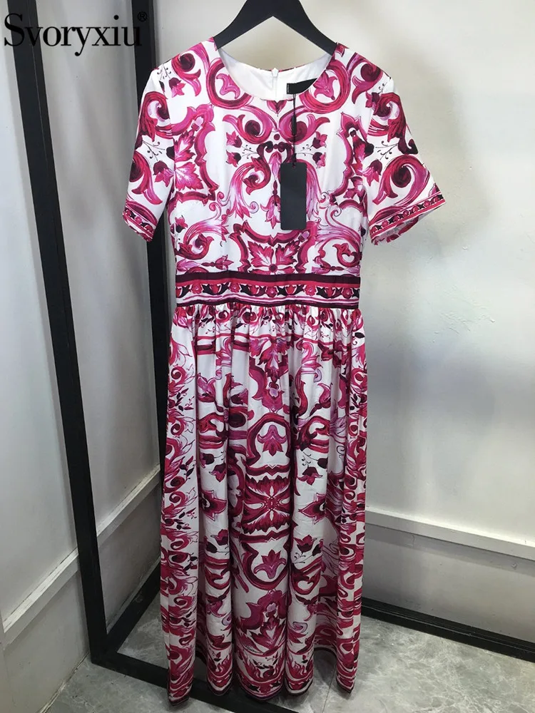 

Svoryxiu Summer Fashion Designer Vintage Loose Long Dress Women's Safflower Porcelain Printing Short Sleeve Dress