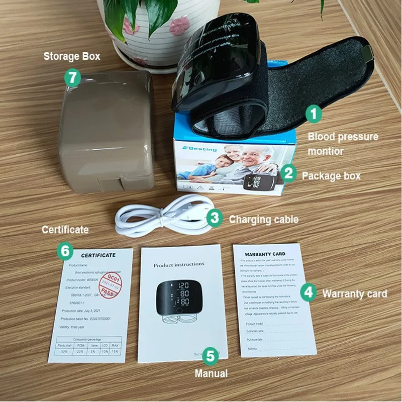 Wrist style blood pressure monitor home blood pressure monitor pulse measuring device USB charging