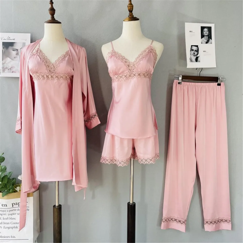 Summer Women Sexy Lace Trim Applique Pajamas 5/2/2/1 Pcs Satin Sleepwear Silk Homewear Clothing Female Pyjama With Chest Pads