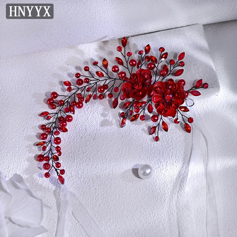 HNYYX Pearl Bridal Headband Fashion Handmade Alloy Flower Party Headpiece Red Crystal Wedding Ladies Hair Accessories A265 hair accessories,bridal hair accessories,crown headband