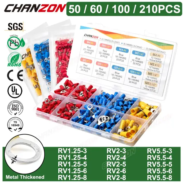 Rv1.25 Rv2ฉนวนไฟฟ้าแหวนขั้วต่อสายไฟชุดสายไฟเครื่องมือจีบสีแดงสีฟ้าสีเหลืองสีเหลือง 1