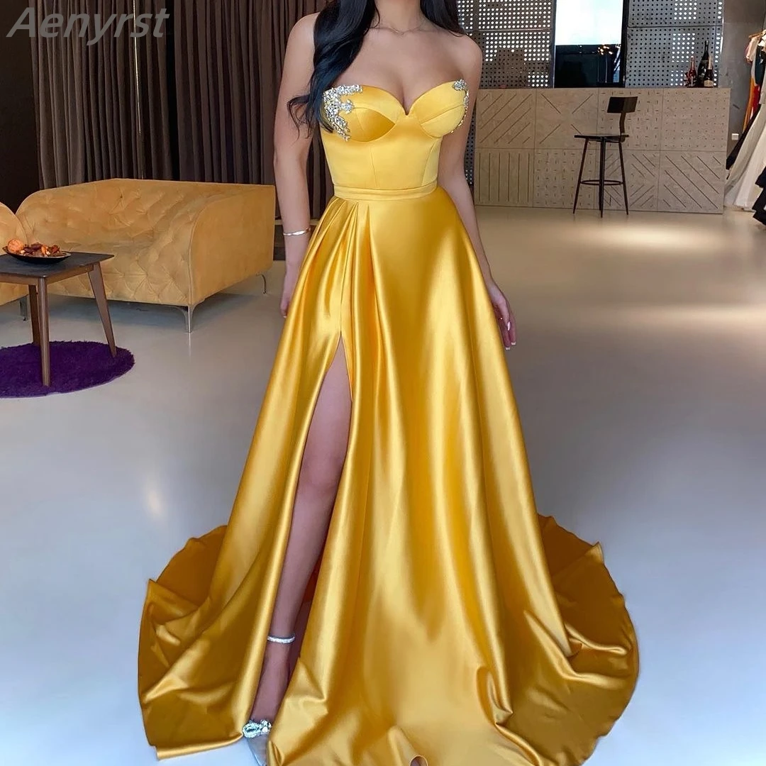 

Gold Satin Prom Dress for Women Sweetheart Beads Elegant A-Line Side Slit Evening Party Gowns Long Plus SIze فساتين مناسبة رسمية