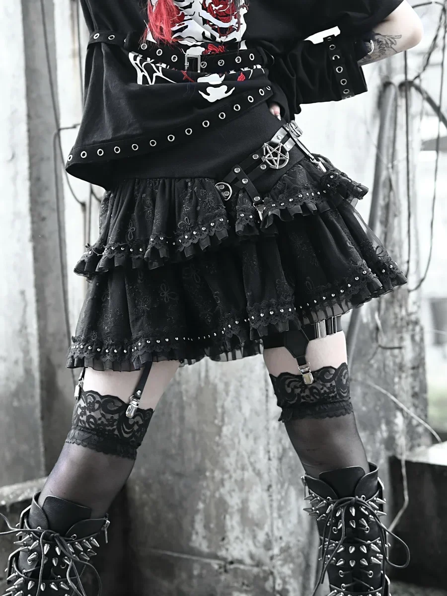 Japanese Harajuku Mini Cake Skirt Black Gothic Summer Ball Gown Mini jupe Punk Hot Girls Lace Skirt Femme summer 2022