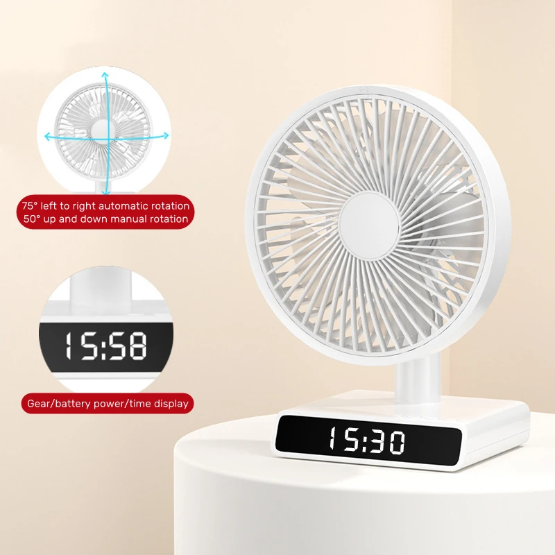 Home Electric Cooling oscillatin Fan Air Ventilator with Clock USB Rechargeable 4000mAh Battery Portable Auto Pivoting Table Fan