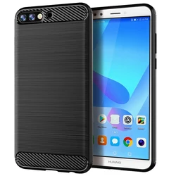 Matte Silicone Shockproof Carbon Fiber Soft Back Cover - Frosted Anti-Knock Case for Y7 Prime 2018 (Black)