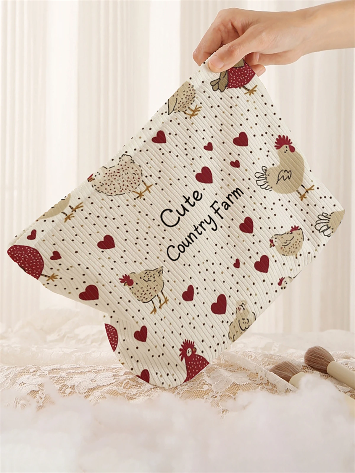 1 corduroy makeup bag with hen pattern printed on it, lightweight zipper makeup storage box, multifunctional bag with lining