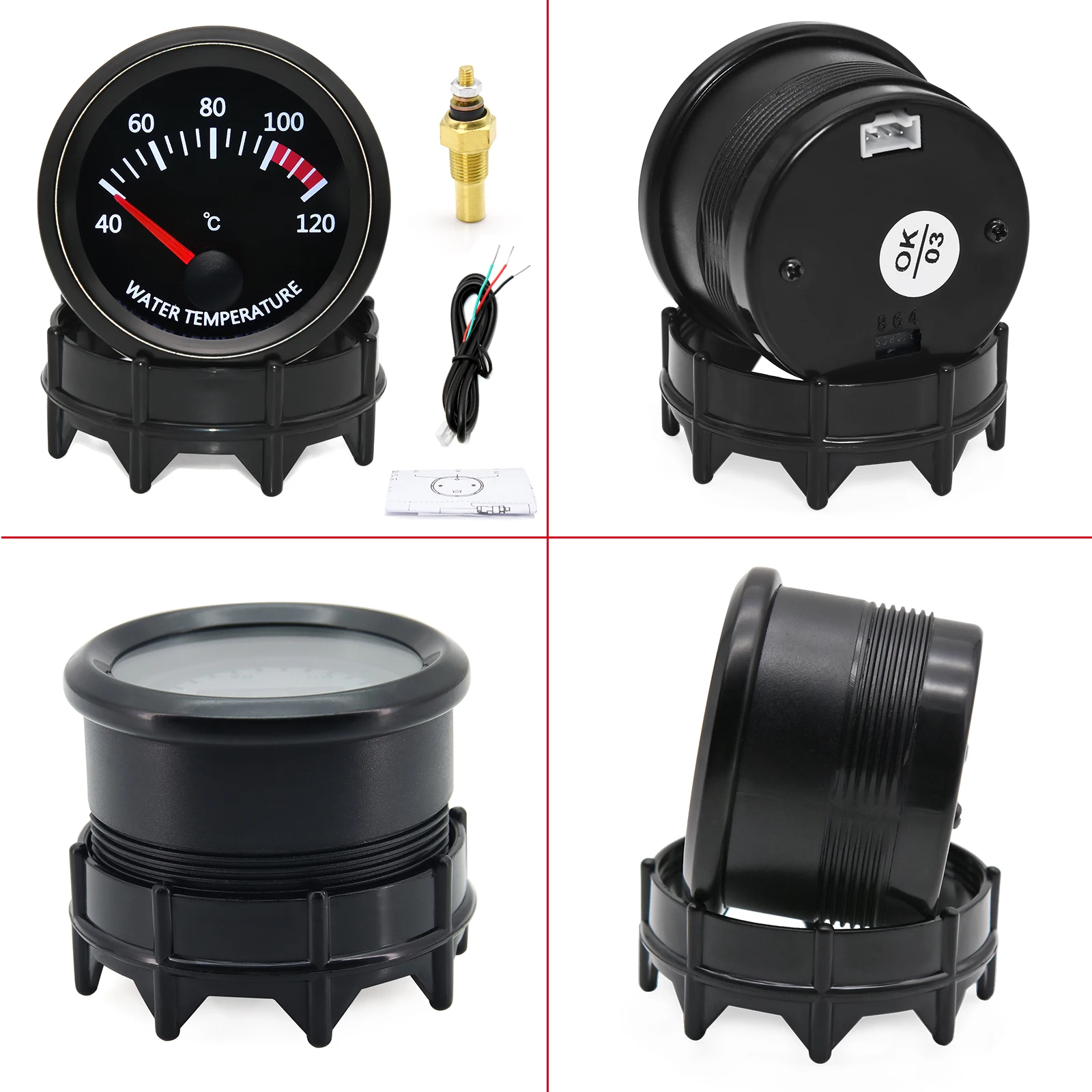 52MM 수온/유온 12V 자동차 게이지 + 26MM-40MM 온도 센서 어댑터 포함 자동차 액세서리 (모든 차량용)