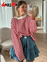 Women's Striped T-shirt 95% Cotton Oversized Black and White Casual Basic Long Sleeve Top Vintage  Casual T-shirts for Women 6