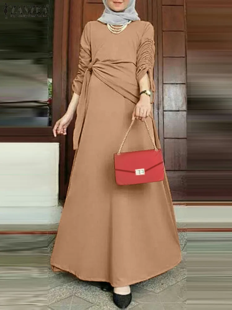 

Модное осеннее платье ZANZEA, женское платье с длинным рукавом, женская Абая, платья Caftan Marocain, однотонный кафтан с кулиской, мусульманский Сарафан