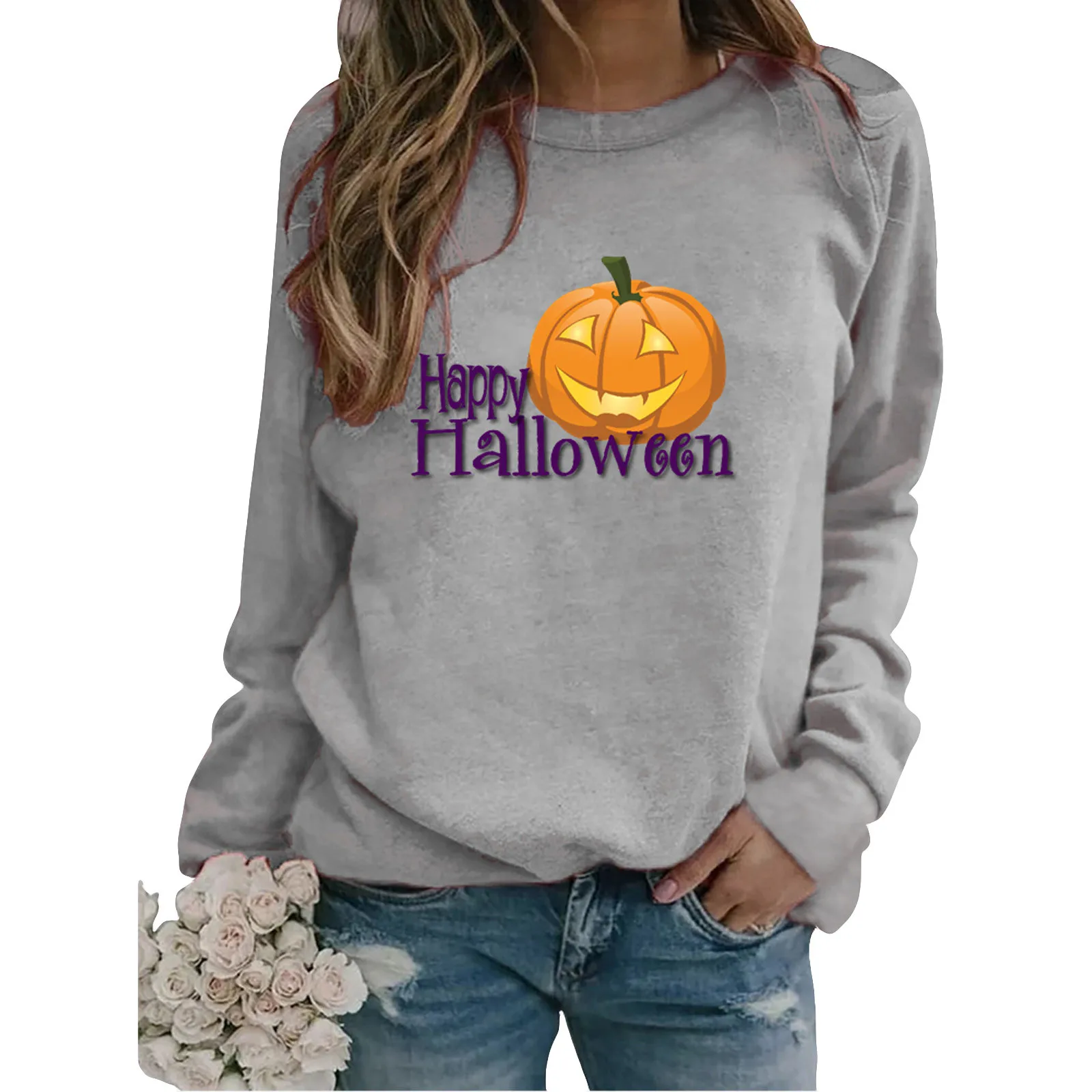 

Fashion Women Pullover Round Neck Solid Color Long Sleeve Halloween Letter Print Hoodies Tops Happy Halloween Hooded Sweatshirts