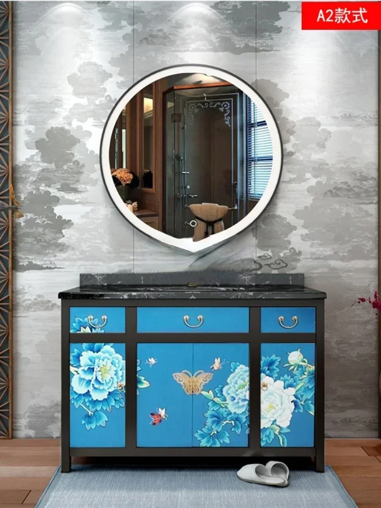 ~New Chinese Bathroom Cabinet Painted Flowers and Birds Antique Oak Bathroom Cabinet Combination Suit