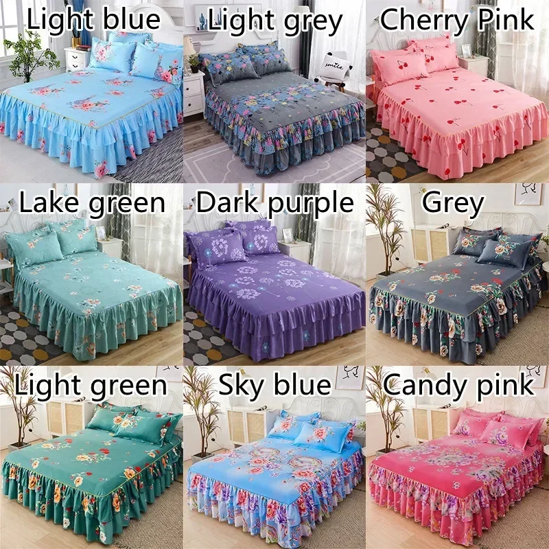 Ruffle Skirt Bedspread Home Textile Printed Bed Skirt Bedroom Coverlets Bedspreads Sheets Dust Cover Bedding with 2 Pillowcases