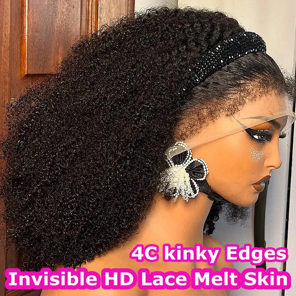 4C Kinky Edges 13x6 HD Lace Frontal Human Hair Wigs Mongolian Afro Kinky Curly Wig Human Hair Curly 5x5 HD Lace Closure Wig 1