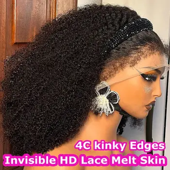 4C Kinky Edges 13x6 HD Lace Frontal Human Hair Wigs Mongolian Afro Kinky Curly Wig Human Hair Curly 5x5 HD Lace Closure Wig 1