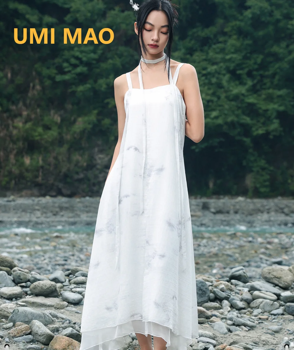 

UMI MAO Chinese Style Printed Dress Women's Summer Light Irregular Romantic Chiffon Suspender Skirt Super Fairy Dress Femme