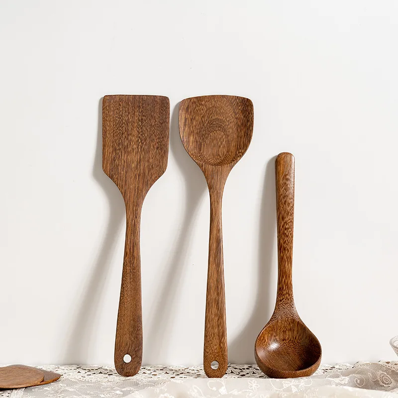Kitchen Utensils Set Non-stick Turner Natural Wooden Spatula Cooking Set Soup Ladle Japanese Long Kitchen Utensils