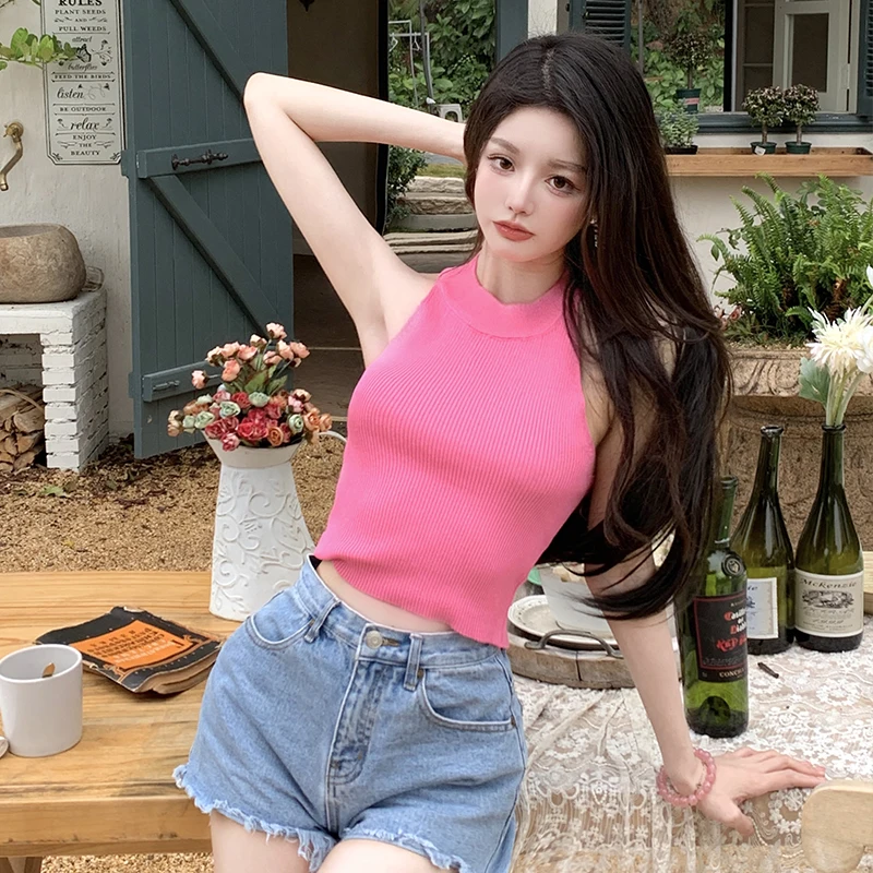 

Yanling Summer Women's Clothing 2023 Knitted Camisole Women's Outer Wear Sleeveless Hot Girl Slimming Top Women's Niche Pink T-s