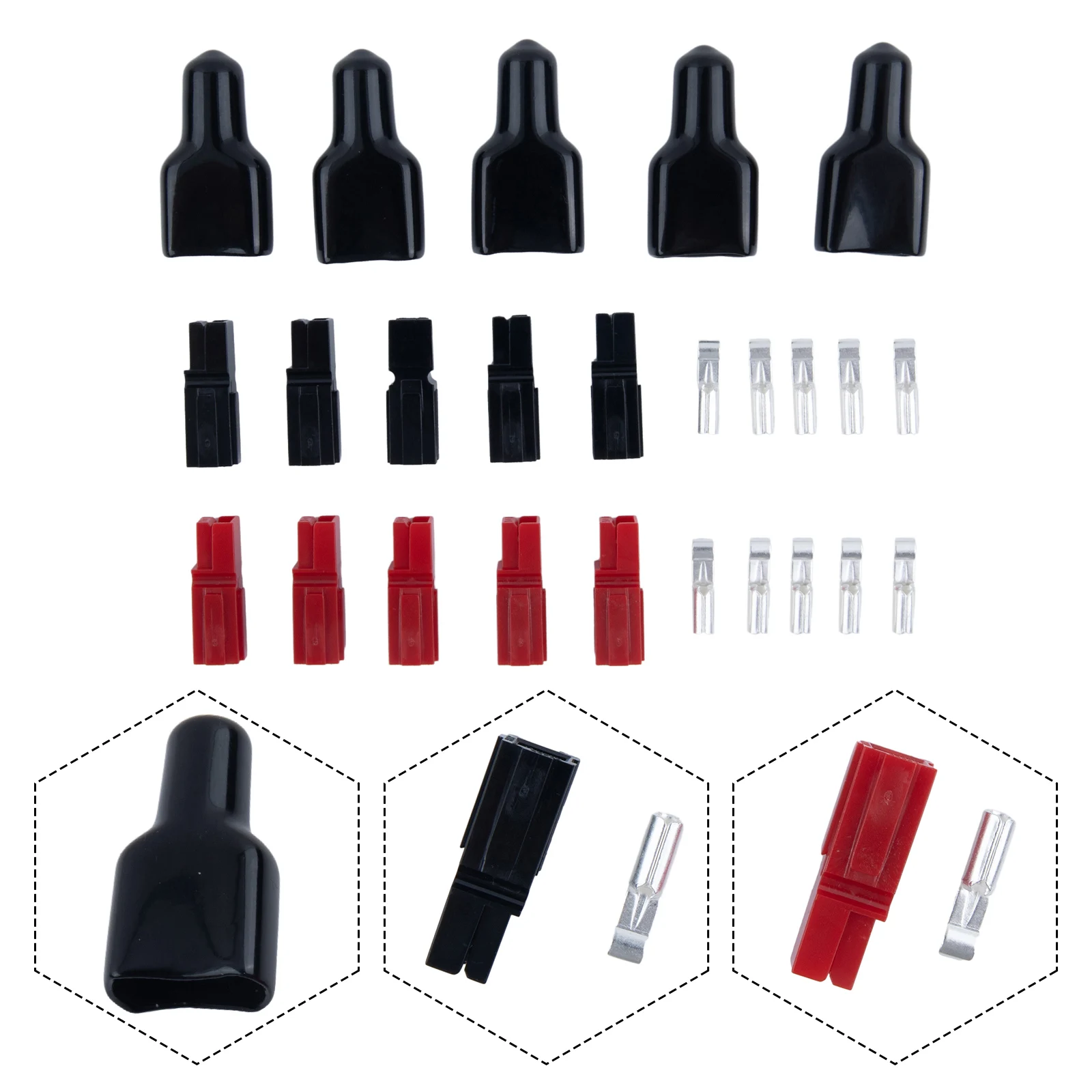 Set mit 5 Paaren 30-AMP-Steckverbinder im Anderson-Stil mit schwarzem Schutzgummi für die Kabelverwaltung – Detail 1