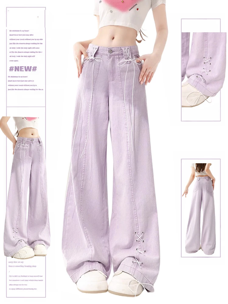 

Женские пурпурные джинсы, мешковатые джинсовые брюки большого размера в стиле Харадзюку, джинсовые брюки на шнуровке Y2k, винтажная одежда в японском стиле 1920-х годов