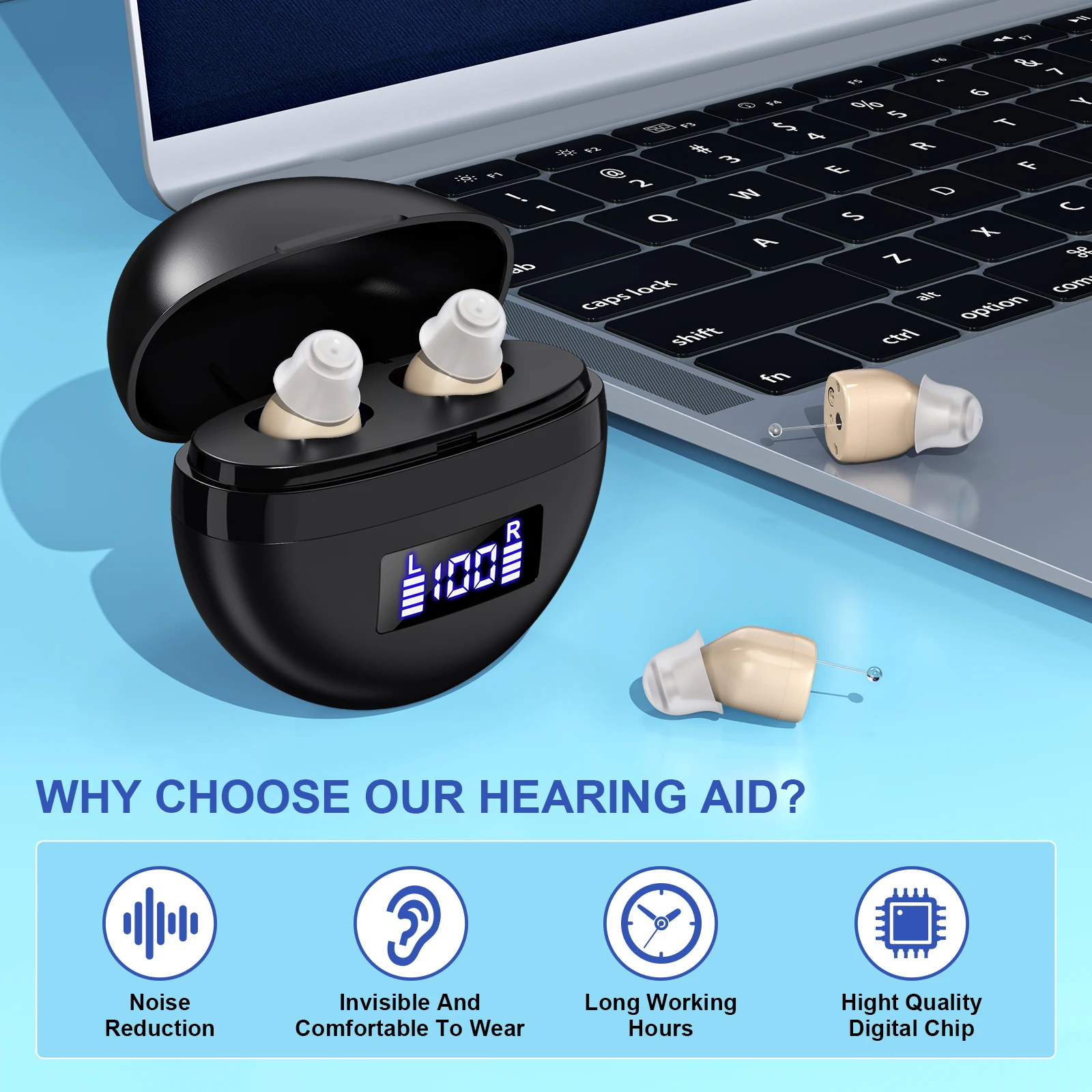 Auricolari Personali, Piccoli Auricolari Nascosti con Vestibilità Confortevole, Amplificatori Acustici con Riduzione del Rumore, Apparecchi Acustici Digitali