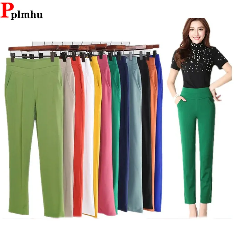 Classic Candy Colors Stretch Ankle-length Pant Elegant Summer Thin Straight Trouser Mom Casual High Waist Pantalones Slim Capris