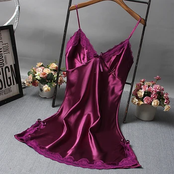 Camicia da notte morbida in raso sexy da donna estiva Lingerie di pizzo Indumenti da notte Tinta unita Avvolgente da donna Abiti corti Indumenti da notte 1
