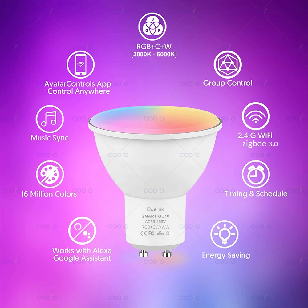 COOLO ZigBee GU10 WiFi Smart LED Light Bulb RGB C+W 5W Dimmable Lamps EWelink APP Control Spotlight Bulb Works With Alexa Google 2