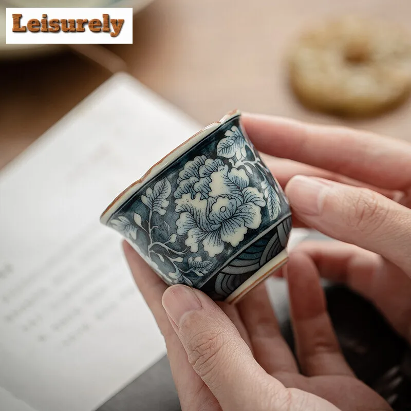 2pc/set Antique Blossoms Flower Ceramic Teacup Ru Kiln Flower Mouth Cup Small Master Cup Tasting Tea Bowl Kung Fu Teaware 40ml
