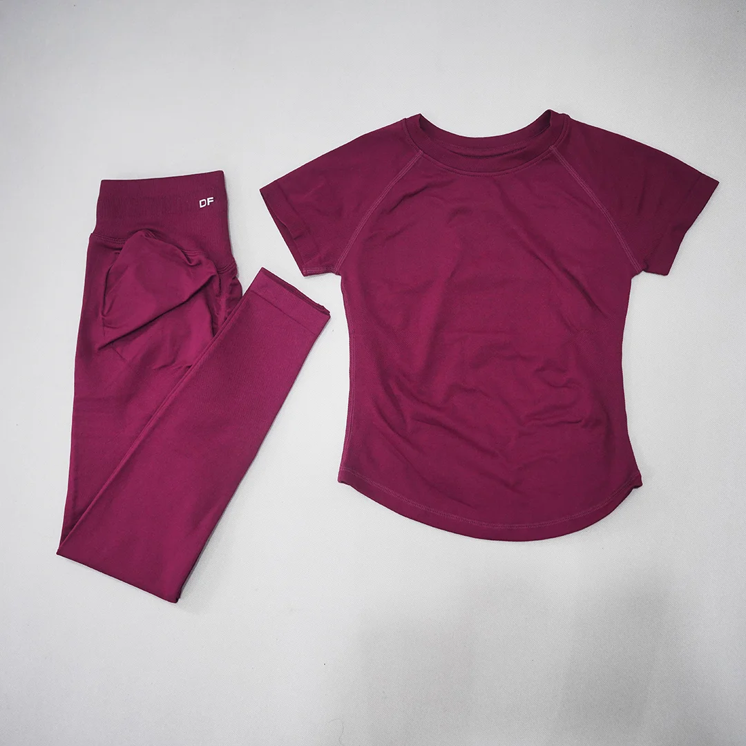 DF LOGO Ladies Seamless 2Pcs Yoga Set Short Sleeve Slim Top High Waist Leggings Quick Dry Breathable Gym Running Fitness Outfit