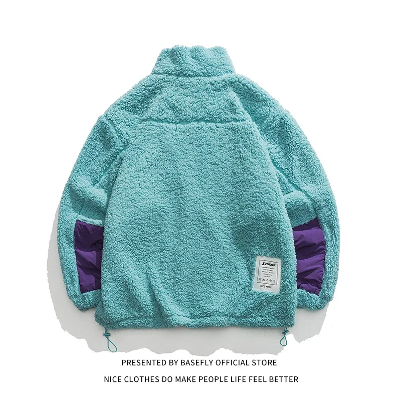 Men Bomber Jacket Chic Winter Thick Patchwork Lambswool Sheep Fur Like Unisex Women Baseball Coat High Streetwear Couple