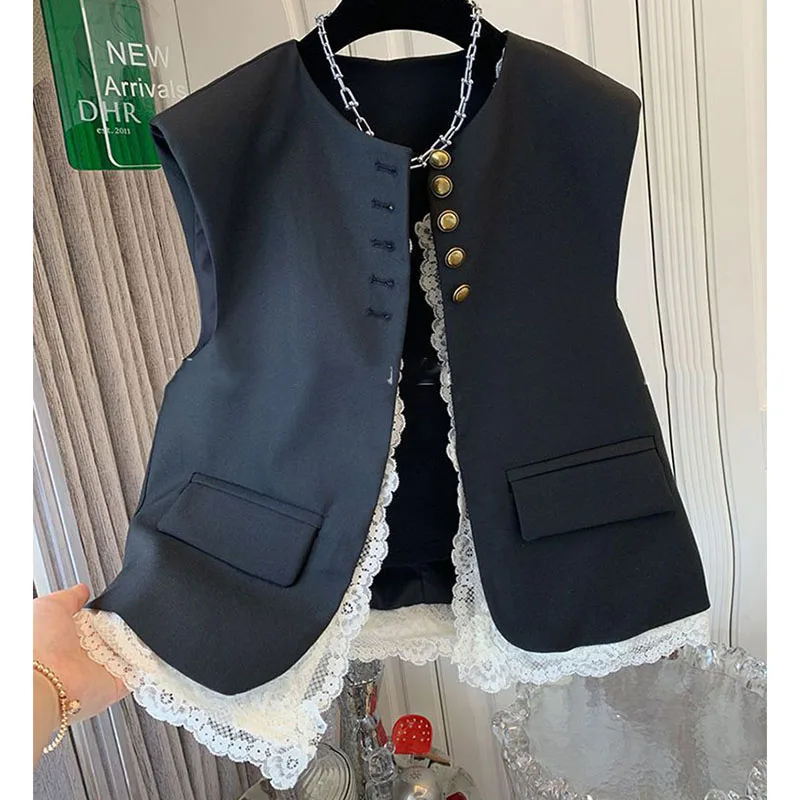 Lace Patchwork Women Vest Korean O Neck Casual Sleeveless Jackets 2024 Female Loose Waistcoat Vintage Chic Tops Women Clothing 3