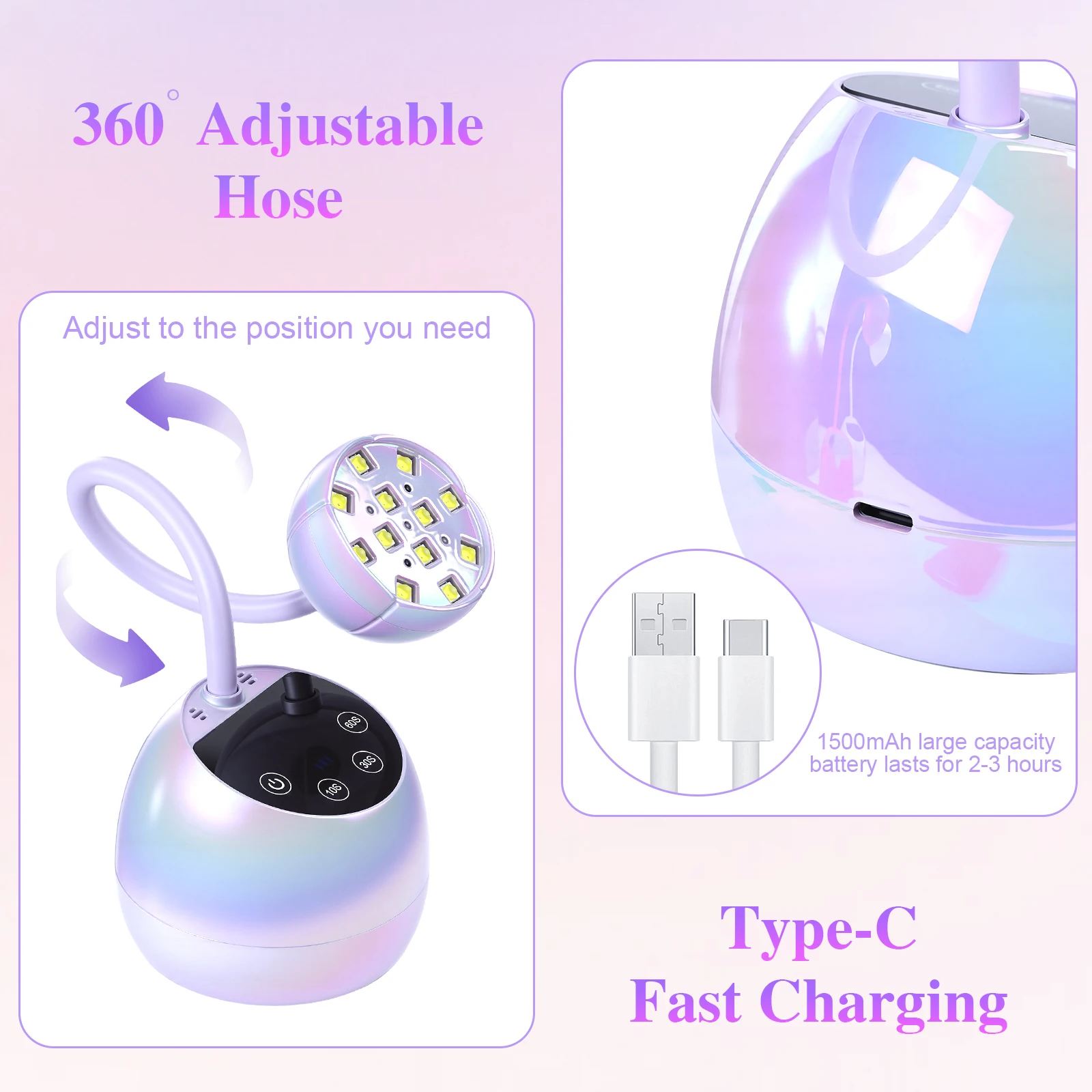 USB 타입-C 네일 램프 LED UV 네일 드라이어 충전식 LCD 터치 컨트롤 빠른 건조 네일 라이트 360 °   유연한 테이블 램프