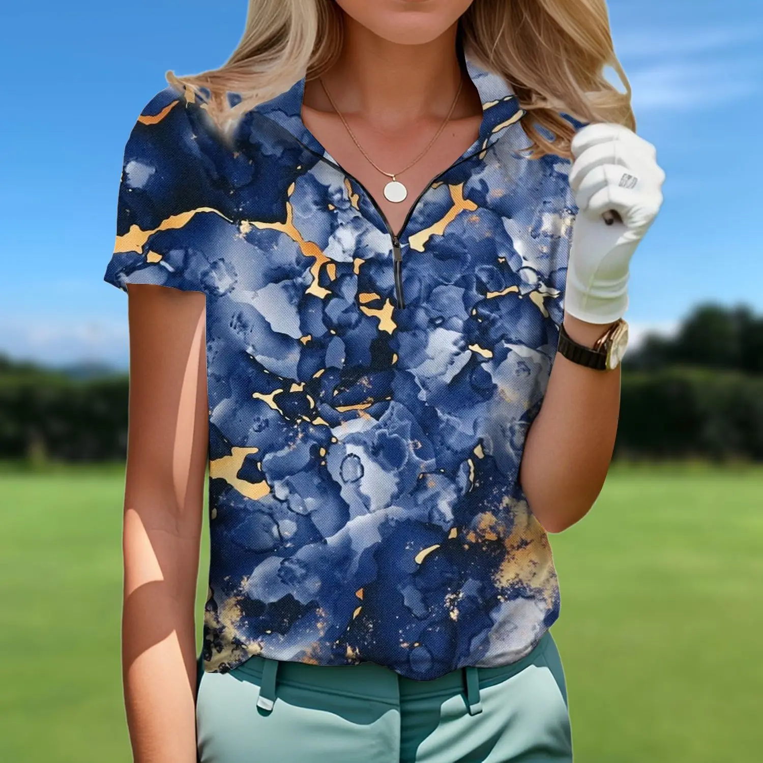 

Colorful and personalized polo collar zippered short sleeved women's polo shirt, loose and simple in summer, 3D printing WF6