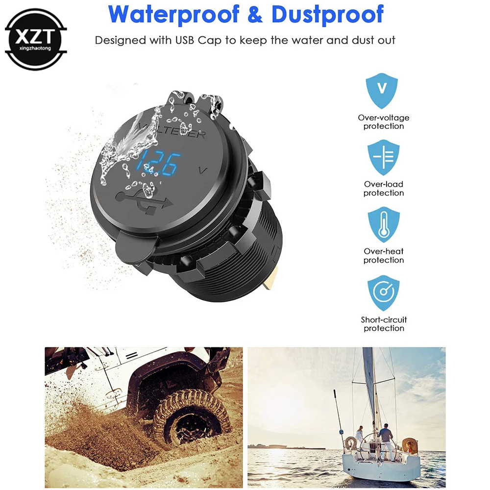 High-Power Dual USB Charger with Digital Voltmeter and Waterproof Socket