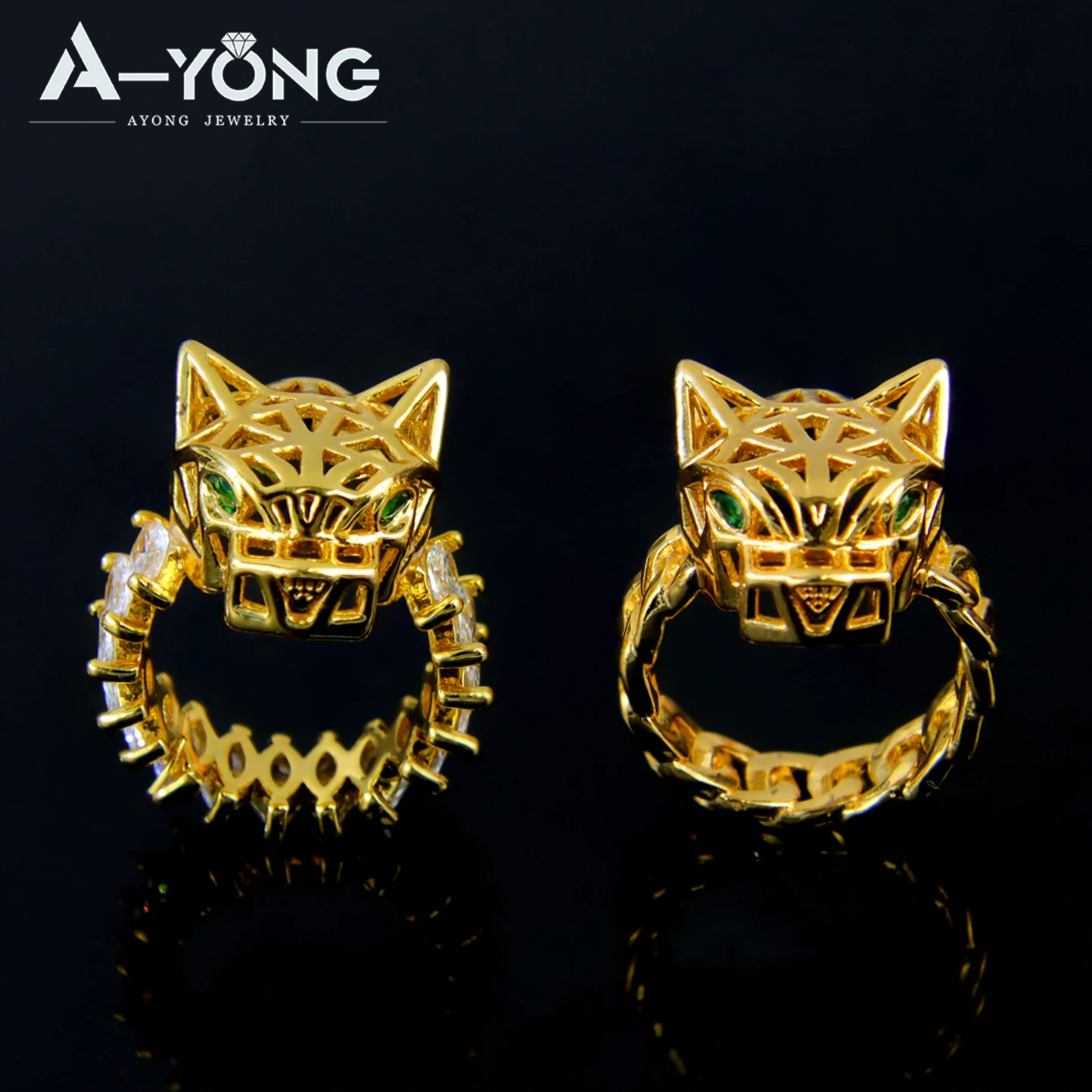Luxus Hip Hop Leopard Kopf Große Ringe 21k Gold Überzogene Dubai Zirkonia Mode Panther Ring Nahen Osten Punk Schmuck – Detail 5
