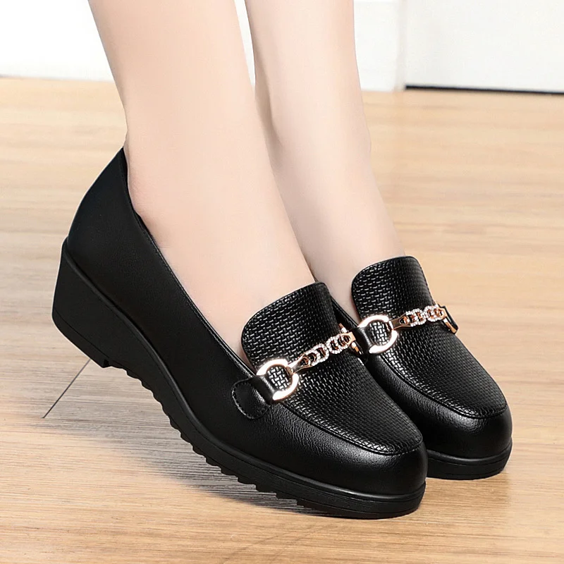 Spring Summer Women Loafers Flat Shoes Height Increasing Black Footwear Slip-on Moccasins Casual Wedge Soft Leather Shoes