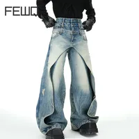 FEWQ Niche Design Men's Jeans Patchwork Layered Multi-wasit Worn-out Solid Color Wide Leg Straight Male Denim Pants 2025 24K1304 1