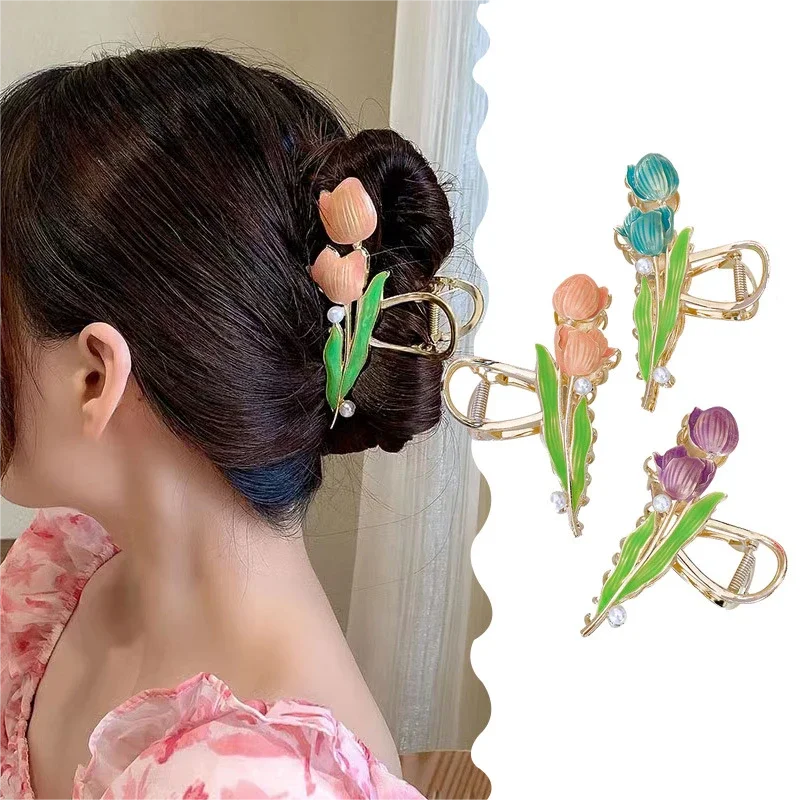 Moda Tulipano Fiore Capelli Artiglio Clip Per Le Donne Dolce Metallo Squalo Morsetto Per Capelli Forcine Accessori Per Capelli Ragazze Pinzas Para El 