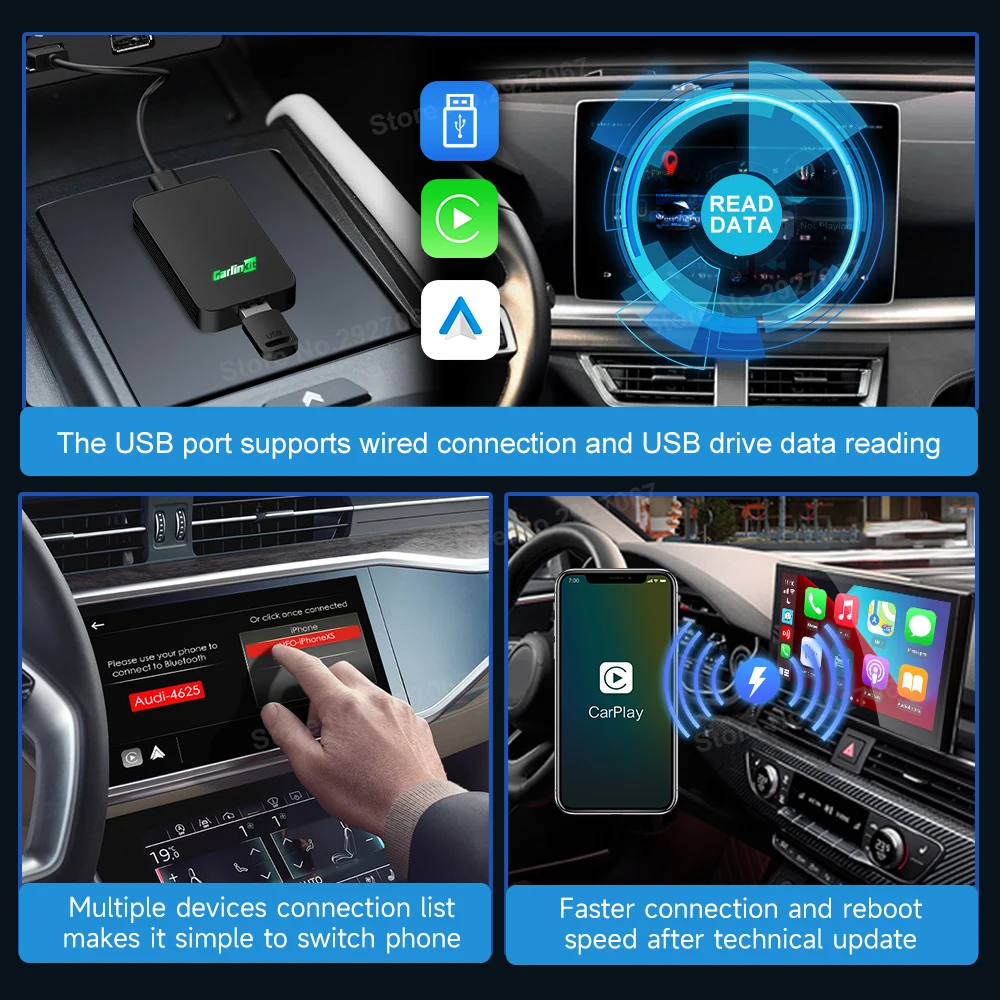 Adaptateur sans fil Carlinkit U2W Plus pour Apple CarPlay et Android Auto -  Noir 