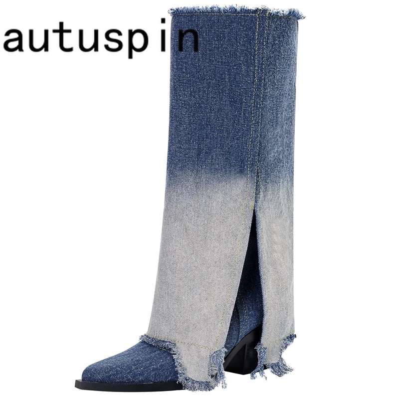 

Autuspin Newest Mixed Colors Women Boots Novelty Pointed Toe Fashion High Heels Office Ladies Punk Denim Knee-high Boot Shoes