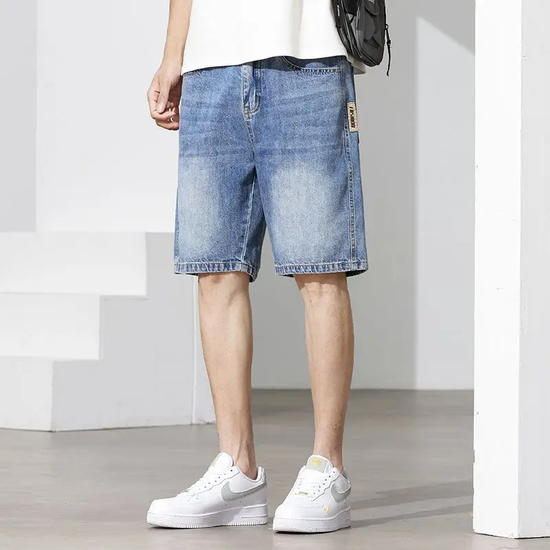 

Straight Trousers 2024 Summer New Men's Trendy Classic Loose Casual Spliced Bright Line Decoration Button Zipper Jeans Shorts
