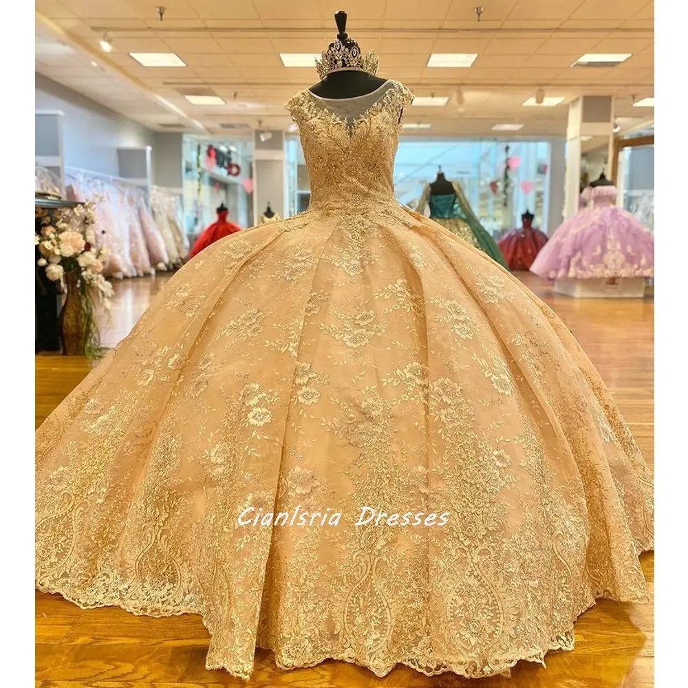 

Gold Cap Sleeve Tiered Ruffles Ball Gown Quinceanera Dresses Illusion Floral Appliques Lace Beading Corset Sweet 15 Girls Party