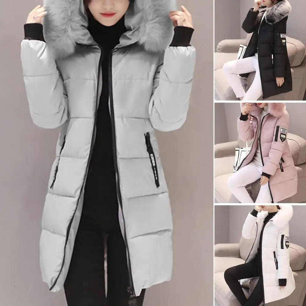 Warm Winter Coat Windproof Hooded Winter Cotton Coat with Zipper Pockets for Women Thickened Padded Mid Length Down Coat Warm 5