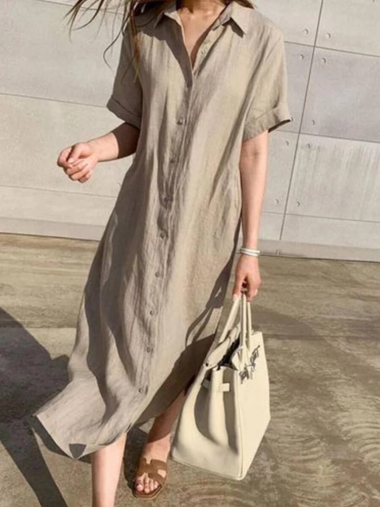 

Cotton Linen Summer Dress New in Fashionable Commuting Lapel Solid Color Mid Length Cardigan Version Side Split Women's Dress