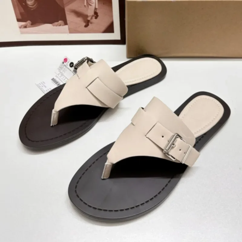 Women Flat Flip Flops 2025 Summer Luxury Brand Buckle Belt Ladies Beach Shoes Non-slip Sole Outdoor Breathable Leisure Slippers 2
